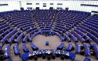 Strasbourg (north-eastern France), on January 18, 2022: the hemicycle of the European Parliament during a plenary session. First speech of Roberta Met