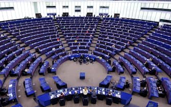 Strasbourg (north-eastern France), on January 18, 2022: the hemicycle of the European Parliament during a plenary session. First speech of Roberta Met