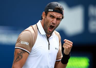 TORONTO, ON - AUGUST 7:  Matteo Berrettini of Italy reacts after winning a point against Gregoire Barrere of France during Day One of the National Bank Open, part of the Hologic ATP Tour, at Sobeys Stadium on August 7, 2023 in Toronto, Canada.  (Photo by Vaughn Ridley/Getty Images)