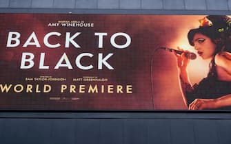 Large scale digital sign promoting the new Amy Winehouse biopic film Back to Black at the Odeon Leicester Square on 8th April 2024 in London, United Kingdom. (photo by Mike Kemp/In Pictures via Getty Images)