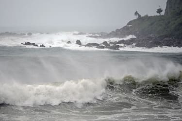 Strong waves break along the coast in Keelung on August 3, 2023, as typhoon Khanun approaches the northeastern coast of Taiwan. (Photo by Sam Yeh / AFP) (Photo by SAM YEH/AFP via Getty Images)