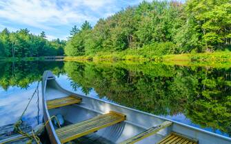 View of a boat and the Mersey river, in Kejimkujik National Park, Nova Scotia, Canada