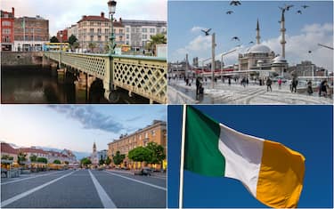 Collage di immagini di città: Dublino, Istanbul, Vilnius, bandiera irlandese 