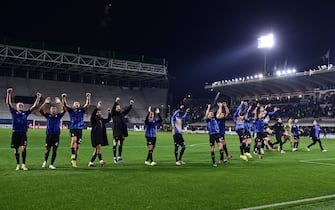 Atalanta's players celebrate the victory at the end of the UEFA Europa League round of 16 second leg soccer match between Atalanta BC and Sporting Clube de Portugal, at Bergamo Stadium in Bergamo, Italy, 14 March 2024.
ANSA/MICHELE MARAVIGLIA