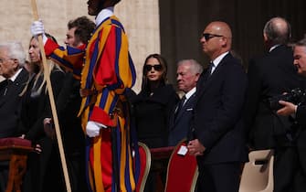 VATICAN CITY, VATICAN - APRILÂ 26: (L-R) Italian President Sergio Mattarella, Argentina's General Secretary of the Presidency Karina Milei, Argentina's President Javier Milei, Queen Rania Of Jordan and King Abdullah II of Jordan attend the funeral of Pope Francis in St. Peterâ  s Square on April 26, 2025 in Vatican City, Vatican. Pope Francis died on April 21st at the age of 88. Born in Argentina as Jorge Mario Bergoglio, he was the first Latin American and the first Jesuit to become Pope when elected in 2013. Taking the name Francis after St Francis of Assisi, he promoted a more humble version of the papacy than many of his predecessors. He will be buried outside of the Vatican in a simple wooden coffin at the Basilica Santa Maria Maggiore.  (Photo by Franco Origlia/Getty Images)