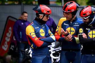 LIEGE, BELGIUM - APRIL 24: (L-R) Andrea Bagioli of Italy and Patrick Konrad of Austria and Team Lidl - Trek prior to the 110th Liege - Bastogne - Liege 2024, Men's Elite a 254.5km one day race from Liege to / #UCIWT / on April 24, 2024 in Liege, Belgium. (Photo by Dario Belingheri/Getty Images)