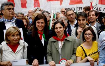 Secretary of Italian party "Democratic Party" (Partito Democratico / PD), Elly Schlein (C), takes part in a rally to mark the 78th anniversary of the Liberation Day, in Milan, Italy, 25 April 2023. Italy celebrates Liberation Day on 25 April annually to mark the end of the country's Nazi occupation.
ANSA/MOURAD BALTI TOUATI