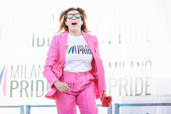 MILAN, ITALY - JUNE 24: Elena Di Cioccio is seen on stage during the Milano Pride 2023 closing event at Arco Della Pace on June 24, 2023 in Milan, Italy. Milano Pride is a parade and festival held at the end of June each year in Milan, to celebrate LGBTQ+ people and their allies. (Photo by Sergione Infuso/Getty Images for Milano Pride)