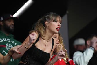Feb 11, 2024; Paradise, Nevada, USA;  Recording artist Taylor Swift reacts during the first quarter between Kansas City Chiefs and San Francisco 49ers of Super Bowl LVIII at Allegiant Stadium. Mandatory Credit: Joe Camporeale-USA TODAY Sports/Sipa USA
