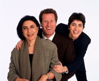 "Italian singer Giorgia, young winner of the recent edition of Sanremo Music Festival, poses together with her parents, Elsa and Giulio Todrani, in a photo studio on 1995 in Italy.  (Photo by Rino Petrosino\Mondadori via Getty Images)"