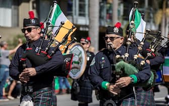 SAN DIEGO, CALIFORNIA - MARCH 16: The San Diego Firefighters Emerald Society Pipe and Drum Corps march during the St. Patrick's Day Parade and Irish Festival at Balboa Park on March 16, 2024 in San Diego, California. (Photo by Daniel Knighton/Getty Images)