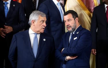 The Minister of Foreign Affairs Antonio Tajani (L) and the Minister of Infrastructure and Transport Matteo Salvini (R) during the International Conference on Development and Migration at the Farnesina, Rome, 23 July 2023. ANSA/ANGELO CARCONI