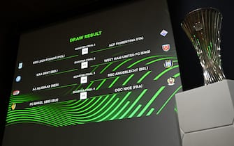 This photograph shows the draw result for the quarter-final matches and the trophy of the 2022-2023 UEFA Europa Conference League football tournament, in Nyon, on March 17, 2023. (Photo by Fabrice COFFRINI / AFP) (Photo by FABRICE COFFRINI/AFP via Getty Images)