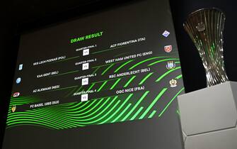 This photograph shows the draw result for the quarter-final matches and the trophy of the 2022-2023 UEFA Europa Conference League football tournament, in Nyon, on March 17, 2023. (Photo by Fabrice COFFRINI / AFP) (Photo by FABRICE COFFRINI/AFP via Getty Images)