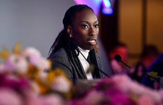 Italian Volleyball player Paola Ogechi Egonu during a press conference at the 73rd Sanremo Italian Song Festival, in Sanremo, Italy, 09 February 2023. The music festival will run from 07 to 11 February 2023.  ANSA/RICCARDO ANTIMIANI