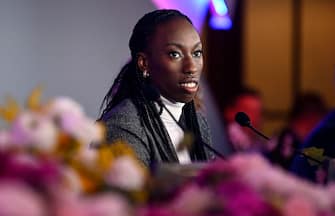 Italian Volleyball player Paola Ogechi Egonu during a press conference at the 73rd Sanremo Italian Song Festival, in Sanremo, Italy, 09 February 2023. The music festival will run from 07 to 11 February 2023.  ANSA/RICCARDO ANTIMIANI