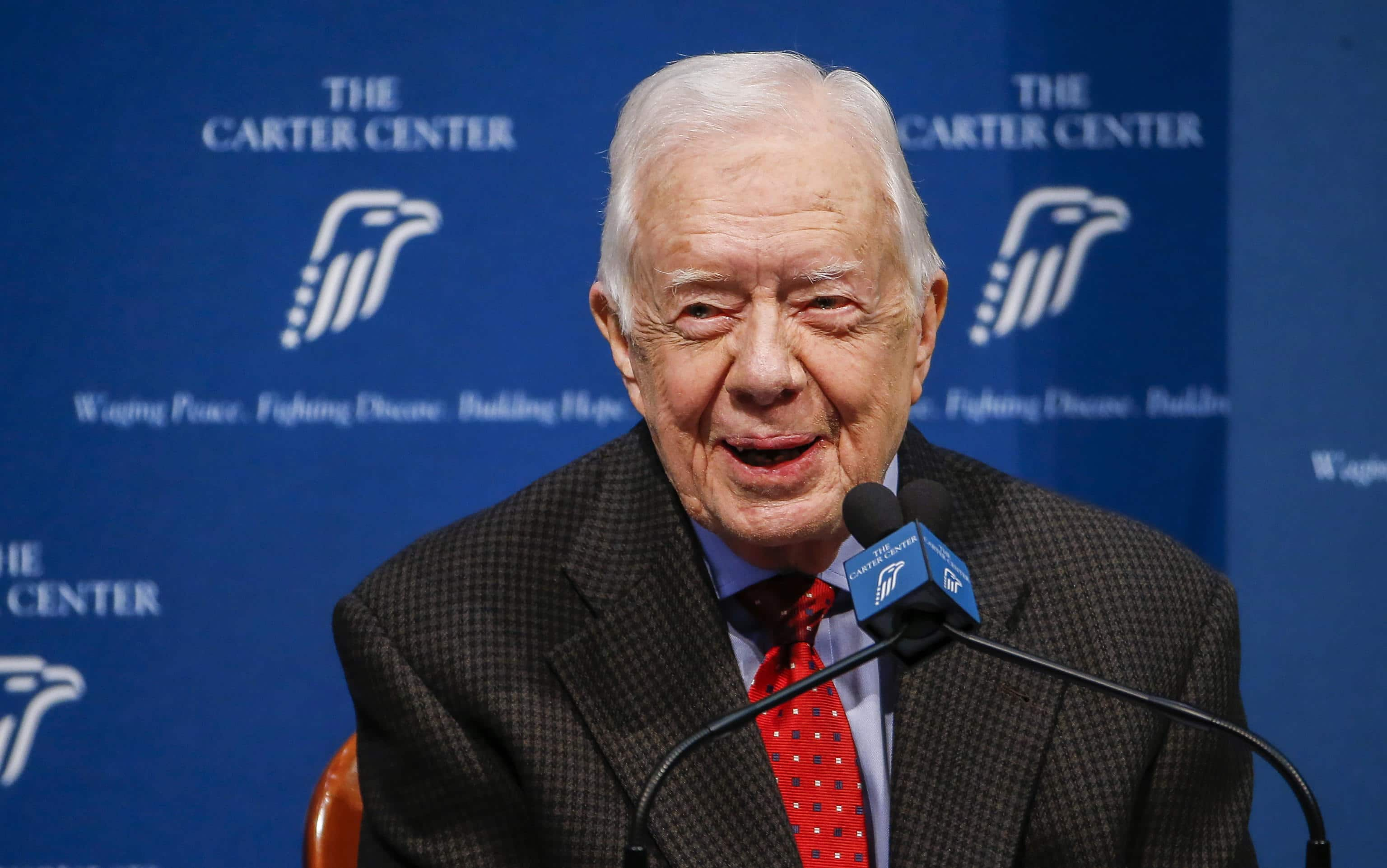 epa11798021 (FILE) Former US President Jimmy Carter gives the media an update on his cancer diagnosis at the Carter Center in Atlanta, Georgia, USA, 20 August 2015 (reissued 29 December 2024). Carter died on 29 December 2024 at his home in Plains, Georgia, The Carter Center confirmed. He was 100, the longest-lived president in US history.  He took office as President of the United States on 20 January 1977 and succeeded Gerald Ford until he left office on 20 January 1981 to his successor Ronald Reagan. James Earl 'Jimmy' Carter, Jr. was born on 01 October 1924 in the village of Plains, Georgia, USA. After school he enrolled in the US Navy until 09 October 1953 after which he returned to his native village to extend the family peanut farm. In 1961 Jimmy Carter was elected to the state senate and on 12 January 1971 he became Governor of Georgia. In 2002 he became the only US President to receive the Nobel Peace Prize after leaving office. Outside of his political career Jimmy Carter was also known for his volunteer work with the 'Habitat for Humanity' organization.  EPA/ERIK S. LESSER