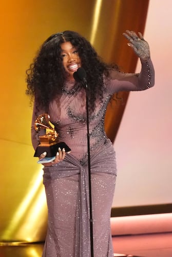 Feb 4, 2024; Los Angeles, CA, USA;  SZA accepts the award for best R&B Song during the 66th Annual Grammy Awards at Crypto.com Arena in Los Angeles on Sunday, Feb. 4, 2024.   Mandatory Credit: Robert Hanashiro-USA TODAY/Sipa USA