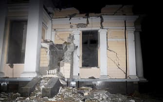 This photograph taken early on July 23, 2023, shows the destruction of the Transfiguration Cathedral building damaged as a result of a missile strike in Odesa. At least one person was killed and more than 15 wounded in a Russian attack on the southern Ukrainian port city of Odesa, the governor of the region said. (Photo by Oleksandr GIMANOV / AFP) (Photo by OLEKSANDR GIMANOV/AFP via Getty Images)