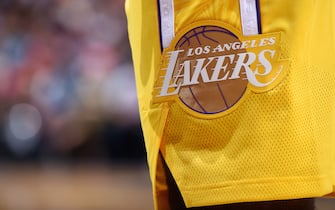 MIAMI, FL - DECEMBER 13:  A closeup shot of the Los Angeles Lakers logo on their respective uniform during a game against the Miami Heat on December 13, 2019 at the American Airlines Arena in Miami, Florida. NOTE TO USER: User expressly acknowledges and agrees that, by downloading and or using this photograph, User is consenting to the terms and conditions of the Getty Images License Agreement. Mandatory Copyright Notice: Copyright 2019 NBAE (Photo by Brian Babineau/NBAE via Getty Images)