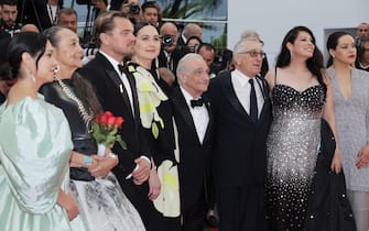 CANNES, FRANCE - MAY 20: (L to R) Jillian Dion, Tantoo Cardinal, Leonardo DiCaprio, Lily Gladstone, Director Martin Scorsese, Robert De Niro, Cara Jade Myers and Janae Collins attend the "Killers Of The Flower Moon" red carpet during the 76th annual Cannes film festival at Palais des Festivals on May 20, 2023 in Cannes, France. (Photo by Pascal Le Segretain/Getty Images)