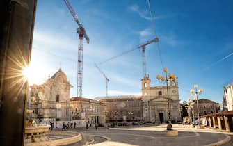 L'Aquila - Italy - October 14, 2017: Piazza del Mercato dell'Aquila in reconstruction after the earthquake