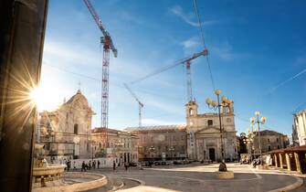 L'Aquila - Italy - October 14, 2017: Piazza del Mercato dell'Aquila in reconstruction after the earthquake