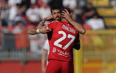 AC Monza's forward Daniel Maldini is celebrated by AC Monza's defender Pablo Marì Carvalho after the goal during the Italian Serie A soccer match between AC Monza and Cagliari at U-Power Stadium in Monza, Italy, 16 March 2024. ANSA / ROBERTO BREGANI
