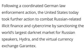 Gli Usa hanno sanzionato Hydra, la più grande piattaforma al mondo del dark web in lingua russa, e la valuta virtuale di scambio Garantex