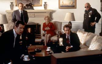 Irish actor Pierce Brosnan, American actors Jack Nicholson, Natalie Portman, Glenn Close, Rod Steiger, and Canadian Martin Short on the set of Mars Attacks!, directed by Tim Burton. (Photo by Warner Bros. Pictures/Sunset Boulevard/Corbis via Getty Images)