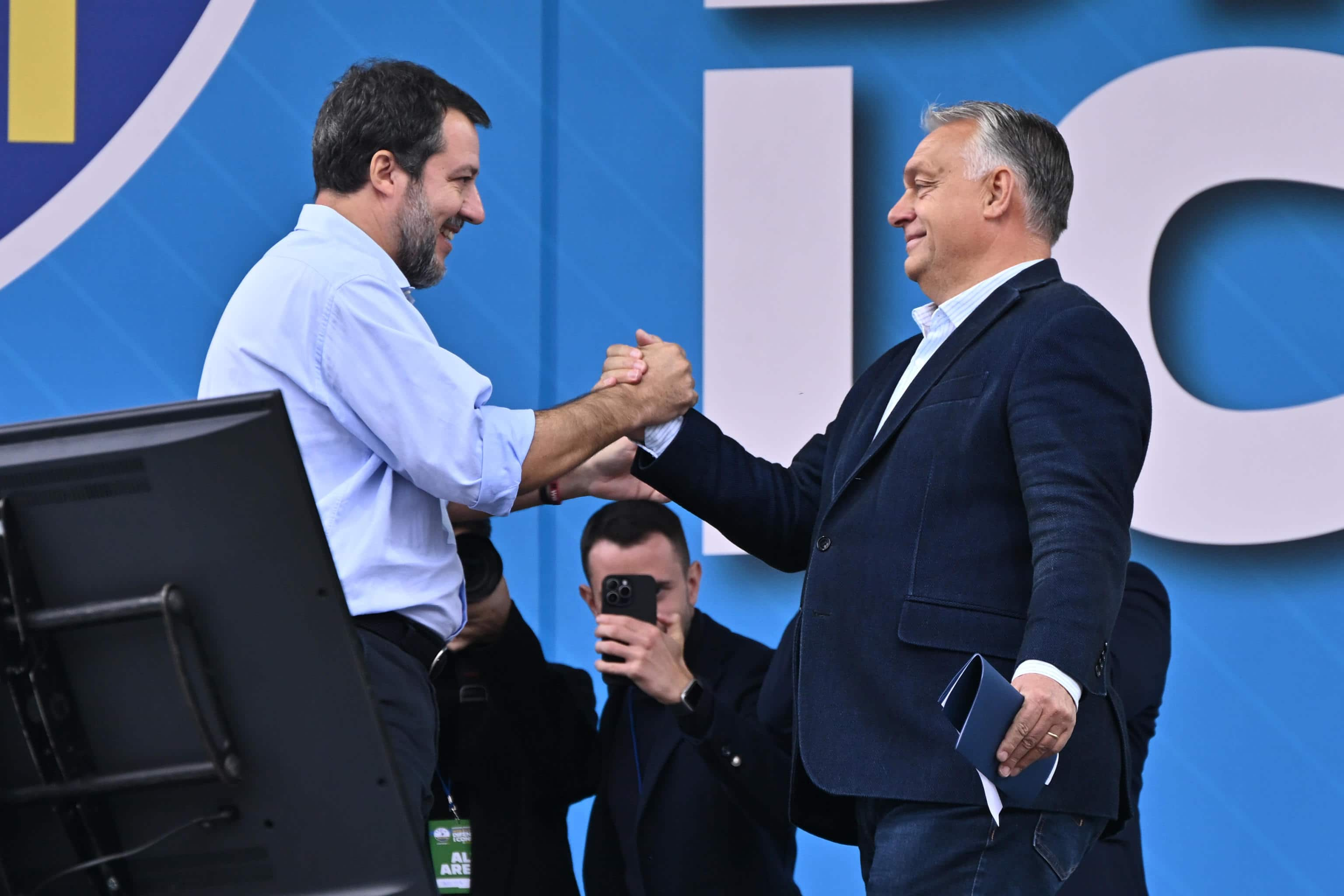 Leader of the League, Matteo Salvini, and Viktor Orban during traditional Lega party rally in Pontida (Bergamo), 6 October 2024. 
ANSA/MICHELE MARAVIGLIA