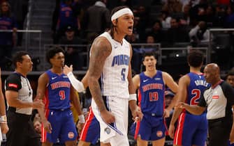 DETROIT, MI - FEBRUARY 24: Paolo Banchero #5 of the Orlando Magic celebrates during the game  on February 24, 2024 at Little Caesars Arena in Detroit, Michigan. NOTE TO USER: User expressly acknowledges and agrees that, by downloading and/or using this photograph, User is consenting to the terms and conditions of the Getty Images License Agreement. Mandatory Copyright Notice: Copyright 2024 NBAE (Photo by Brian Sevald/NBAE via Getty Images)