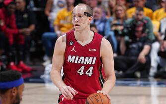 DENVER, CO - JUNE 1: Cody Zeller #44 of the Miami Heat dribbles the ball against the Denver Nuggets during Game One of the 2023 NBA Finals on June 1, 2023 at the Ball Arena in Denver, Colorado. NOTE TO USER: User expressly acknowledges and agrees that, by downloading and/or using this Photograph, user is consenting to the terms and conditions of the Getty Images License Agreement. Mandatory Copyright Notice: Copyright 2023 NBAE (Photo by Garrett Ellwood/NBAE via Getty Images)