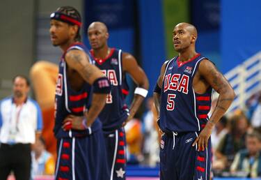 GREECE - AUGUST 27:  Allen Iverson, Lamar Odom and Stephon Marbury (l. to r.) of the U.S. stand with hands on hips after losing to Argentina, 89-81, in a semifinal basketball game at the Olympic Indoor Hall during the 2004 Summer Olympic Games in Athens.  (Photo by Ron Antonelli/NY Daily News Archive via Getty Images)