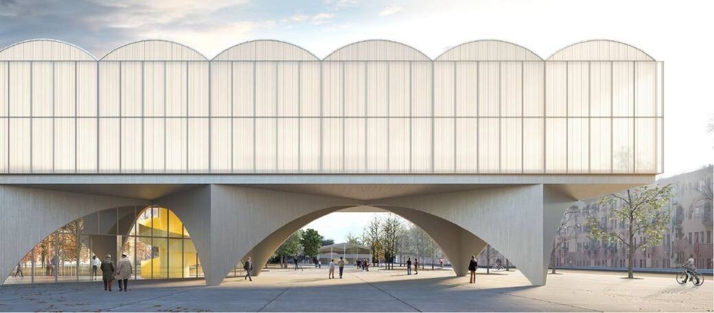  render della nuova Biblioteca Lorenteggio, Milano. Progetto di Grau Magaña Urtzi, con Jocelyn Froimovich Hes, Laura Signorelli, Cristiana Francesca Giordano e Stefano Rolla