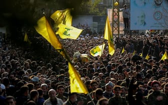 09 January 2024, Lebanon, Khirbet Selm: Pro-Iranian Hezbollah supporters carry the coffin of the party top commander Wissam Tawail during his funeral procession in the southern Lebanese village of Khirbit Selem. Tawil is the highest-ranking Hezbollah commander to be killed since the eruption of the cross-border conflict between Israel and Hezbollah in Lebanon on October 8, and the second high-profile assassination to take place in Lebanon in two weeks. Photo: Marwan Naamani/dpa (Photo by Marwan Naamani/picture alliance via Getty Images)