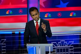 MIAMI, FL -NOVEMBER 8: Businessman Vivek Ramaswamy makes a point during the Republican Presidential Debate at the Adrienne Arsht Center for the Performing Arts on November 8, 2023. (Photo by Jonathan Newton/The Washington Post via Getty Images)