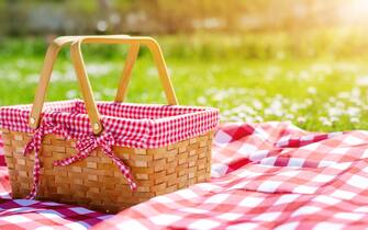Picnic duvet with empty basket on the meadow in nature. Panoramic view. Concept of leisure and family weekend.