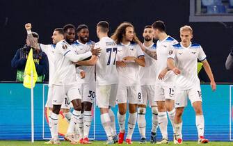 Lazio s Mattia Zaccagni (L) celebrates after scoring during the UEFA Europa League soccer match between SS Lazio and Real Sociedad at the Olimpico stadium in Rome, Italy, 23 January 2025. ANSA/FABIO FRUSTACI