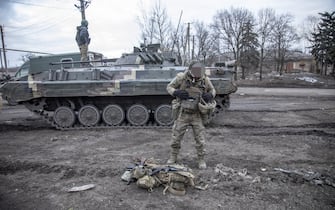 AVDIIVKA, UKRAINE - FEBRUARY 20: (EDITORS NOTE: Image depicts graphic content) A Ukrainian serviceman arrives severely wounded to the evacuation point after being removed from the Avdiivka battlefield as the Russian - Ukrainian war continues in Novoselivka Persha of Avdiivka, Ukraine on February 20, 2024. (Photo by Narciso Contreras/Anadolu via Getty Images)