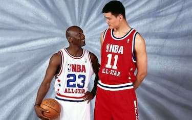 ATLANTA - FEBRUARY 9:  Yao Ming #11 of the Western Conference All-Stars and Michael Jordan #23 of the Eastern Conference All-Stars pose for a portrait prior to the 52nd NBA All-Star Game at the Phillips Arena on February 9, 2003 in Atlanta, Georgia.  NOTE TO USER: User expressly acknowledges and agrees that, by downloading and/or using this Photograph, User is consenting to the terms and conditions of the Getty Images License Agreement  Mandatory Copyright Notice:  Copyright 2003 NBAE  (Photo by Nathaniel S. Butler/NBAE via Getty Images)