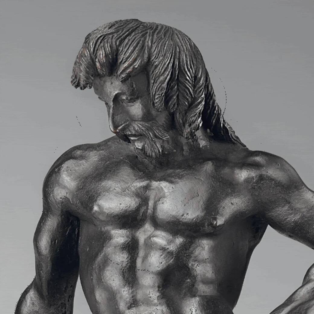 Attributed to Francesco di Giorgio (Siena, 1439–Vignano, 1501), Hercules Triumphant over the Nemean Lion Late 1480s (?). Quaternary alloy, elevated antimony, 15 5/8 × 8 3/16 × 7 1/16 in. (39.7 × 20.8 × 18 cm); 17.6 lbs. (8 kg). Staatliche Museen zu Berlin