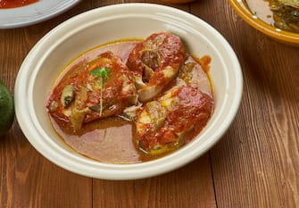 Nigerian cuisine - Banga soup , Traditional assorted  dishes, Top view.