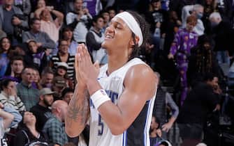 SACRAMENTO, CA - JANUARY 3: Paolo Banchero #5 of the Orlando Magic celebrates during the game against the Sacramento Kings on January 3, 2024 at Golden 1 Center in Sacramento, California. NOTE TO USER: User expressly acknowledges and agrees that, by downloading and or using this Photograph, user is consenting to the terms and conditions of the Getty Images License Agreement. Mandatory Copyright Notice: Copyright 2024 NBAE (Photo by Rocky Widner/NBAE via Getty Images)
