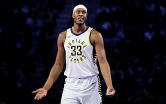 LAS VEGAS, NEVADA - DECEMBER 09: Myles Turner #33 of the Indiana Pacers reacts to a foul call against the Los Angeles Lakers during the first quarter in the championship game of the inaugural NBA In-Season Tournament at T-Mobile Arena on December 09, 2023 in Las Vegas, Nevada. NOTE TO USER: User expressly acknowledges and agrees that, by downloading and or using this photograph, User is consenting to the terms and conditions of the Getty Images License Agreement. (Photo by Ethan Miller/Getty Images)