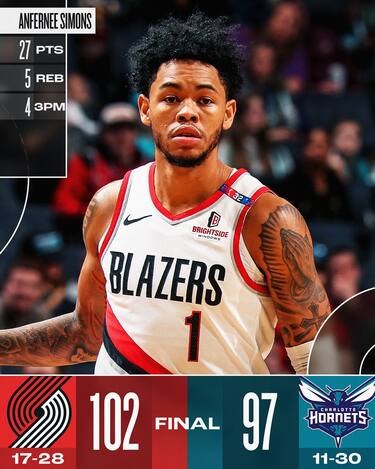 CHARLOTTE HORNETS-PORTLAND TRAIL BLAZERS 97-102