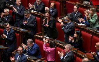 La capogruppo alla Camera del Partito Democratico Chiara Braga (C) dopo l'esito della votazione della risoluzione di maggioranza sullo scostamento di bilancio nell'aula della Camera, Roma, 27 aprile 2023. ANSA/ETTORE FERRARI