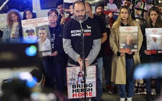 epa11094900 John Polin, father of Hersh Goldberg Polin, an American Israeli hostage held by Hamas in Gaza, delivers statements to the media during a protest calling for the immediate release of Israeli hostages held by Hamas in Gaza, outside of Prime Minister Benjamin Netanyahu's residence in Jerusalem, 21 January 2024. According to the Israeli army, 133 Israelis are still being held hostage by Hamas in Gaza.  EPA/ABIR SULTAN