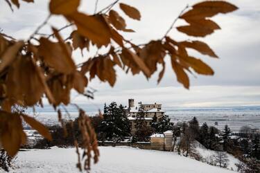The Castello della Manta is pictured following snowfalls in Manta, near Cuneo, northwestern Italy, on December 16, 2022. (Photo by MARCO BERTORELLO / AFP) (Photo by MARCO BERTORELLO/AFP via Getty Images)