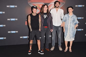 MILAN, ITALY - SEPTEMBER 12:  L-R Fedez, Manuel Agnelli, Alvaro Soler and Arisa attend the press conference for 'X Factor X' on September 12, 2016 in Milan, Italy.  (Photo by Stefania D'Alessandro/Getty Images)